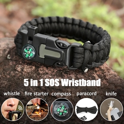 5 in 1 MultI-function Paracord Survival Bracelet Flint Steel Fire Starter Kit Whistle Compass