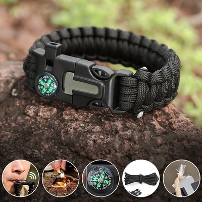 5 in 1 MultI-function Paracord Survival Bracelet Flint Steel Fire Starter Kit Whistle Compass