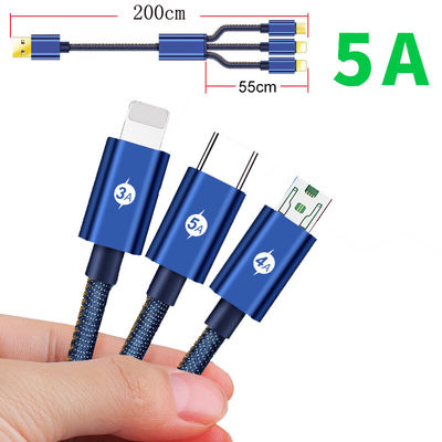 3 in 1 Fast Charging Cable USB Type C 5A Data Charge Cable Braided Fabric Cord