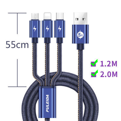 3 in 1 Fast Charging Cable USB Type C 5A Data Charge Cable Braided Fabric Cord